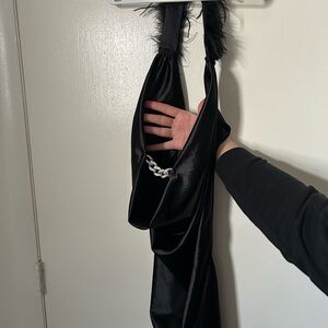 Black Satin Evening Cocktail Dress with Chain Accent